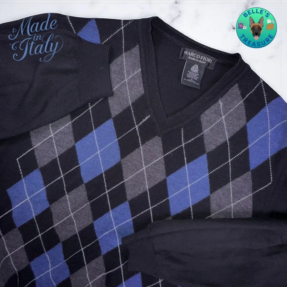 Marco Fiori Argyle V Neck Sweater Mens‎ Large Merino Wool Blue Black Made Italy